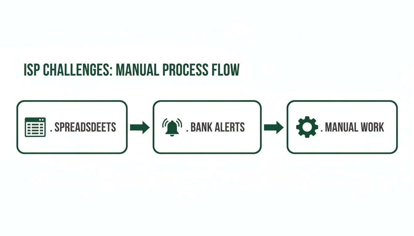 Flowchart illustrating ISP challenges, detailing a manual process from spreadsheets to bank alerts and manual work.