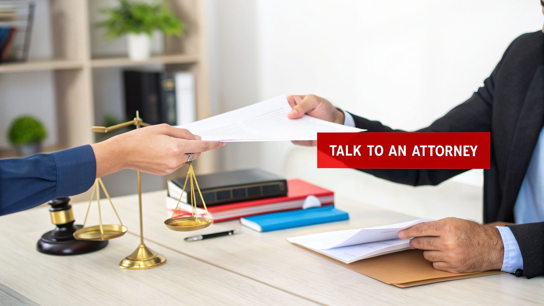 Two individuals exchanging legal documents across a desk with scales of justice and a gavel.