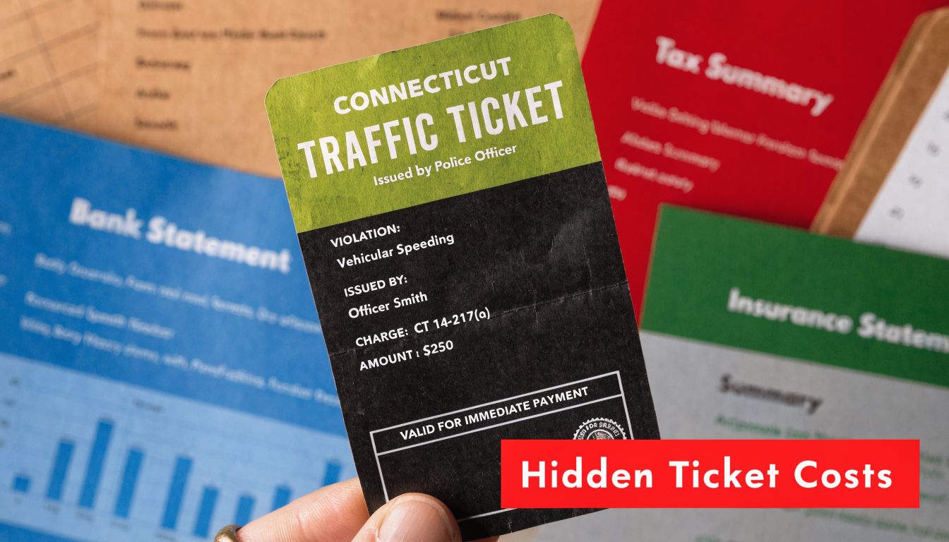 A hand holding a Connecticut traffic ticket document with a $250 fine displayed on a dark background.