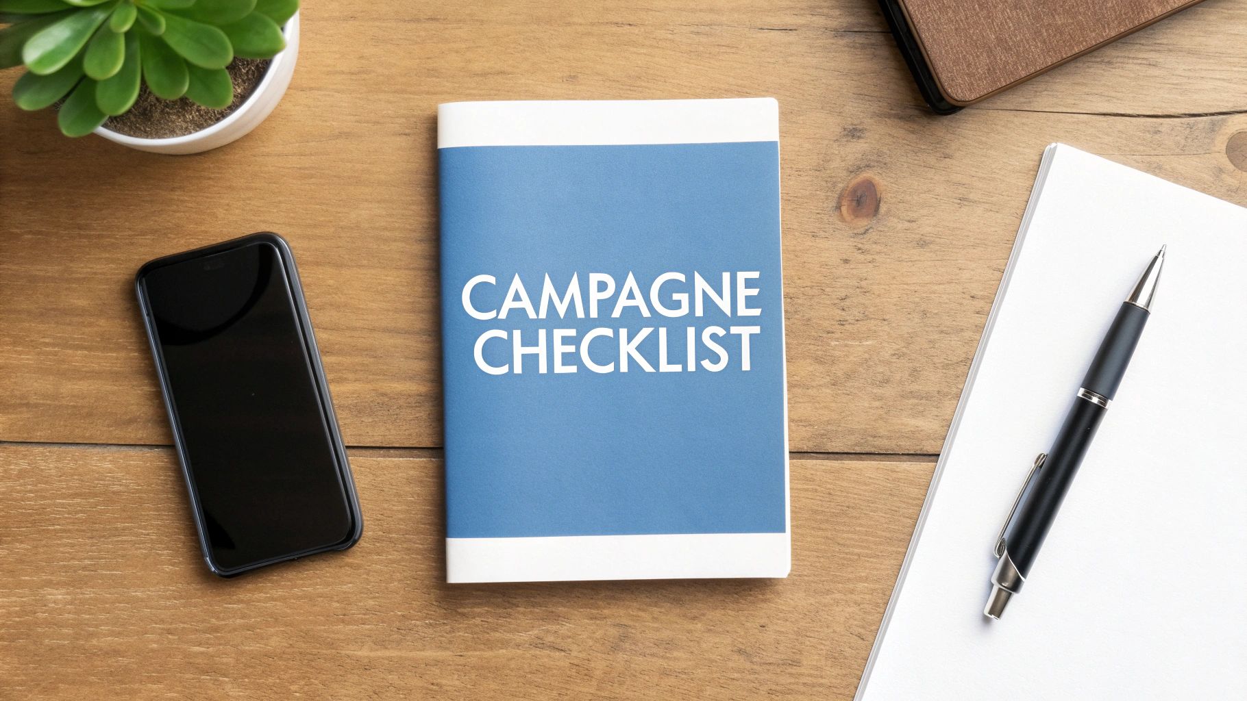 Bureaublad met een blauw notitieboekje waarop 'CAMPAIGN CHECKLIST' staat, naast een telefoon en pen.