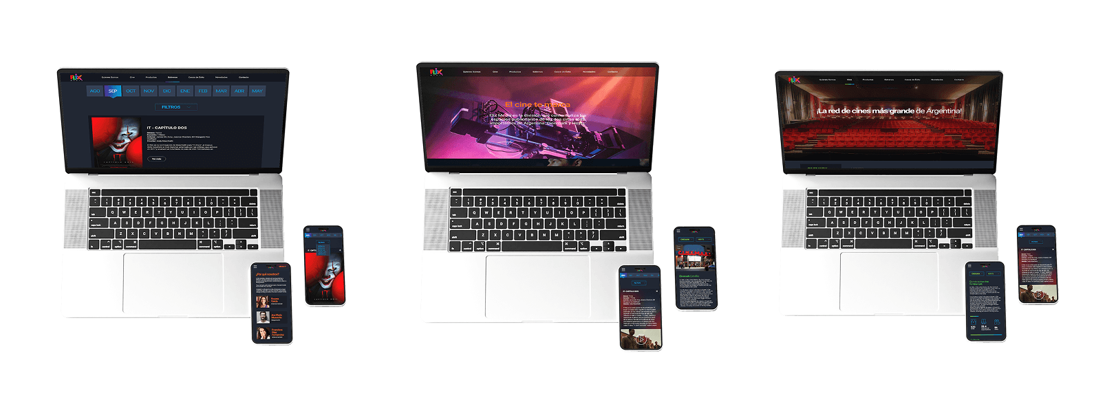 A digital mockup on a black background showing a silver laptop and two smartphones. The laptop screen displays the hero section of the Flix Media website with a professional cinema camera and the text "Cinema marks you." The mobile screens show different sections of the same site, demonstrating a responsive interface for movie listings and theater information.