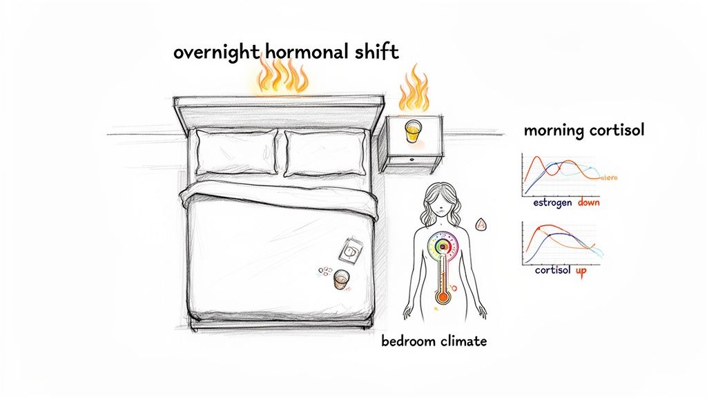 Illustration showing overnight hormonal shifts with a bed, bedroom climate, and morning cortisol graphs indicating estrogen down and cortisol up.