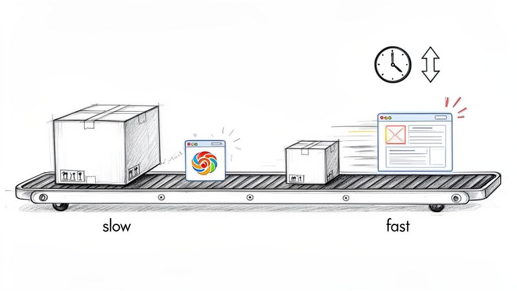 A visual metaphor of website optimization, showing large content becoming smaller for faster web page loading.