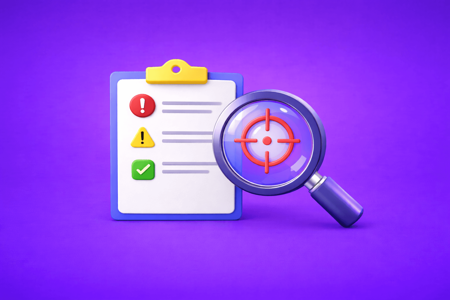 Customer screening fintech illustration with magnifying glass icon on blue to purple gradient background, representing AML compliance, real-time risk assessment, and identity verification for financial institutions.
