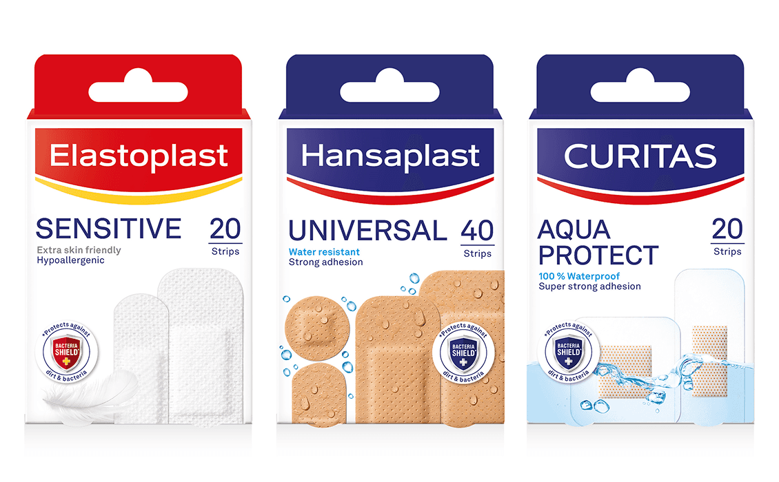 Verpackungsrange der Marken Hansaplast, Elastoplast und Curitas – einheitliche Designsprache und Markenarchitektur.