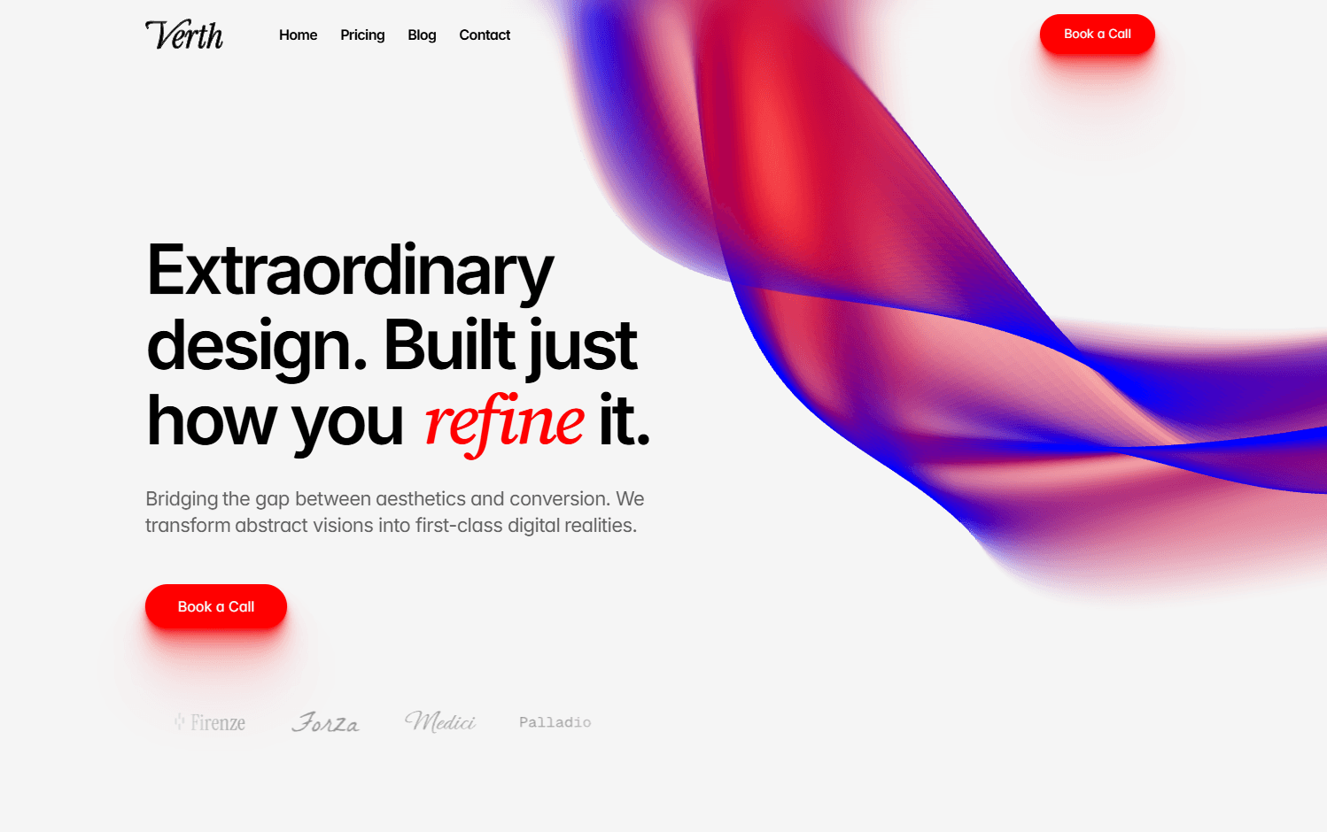 A vibrant, light-themed hero section for 'Verth' showcasing a fluid, semi-transparent red and blue wave graphic with the headline 'Extraordinary design.