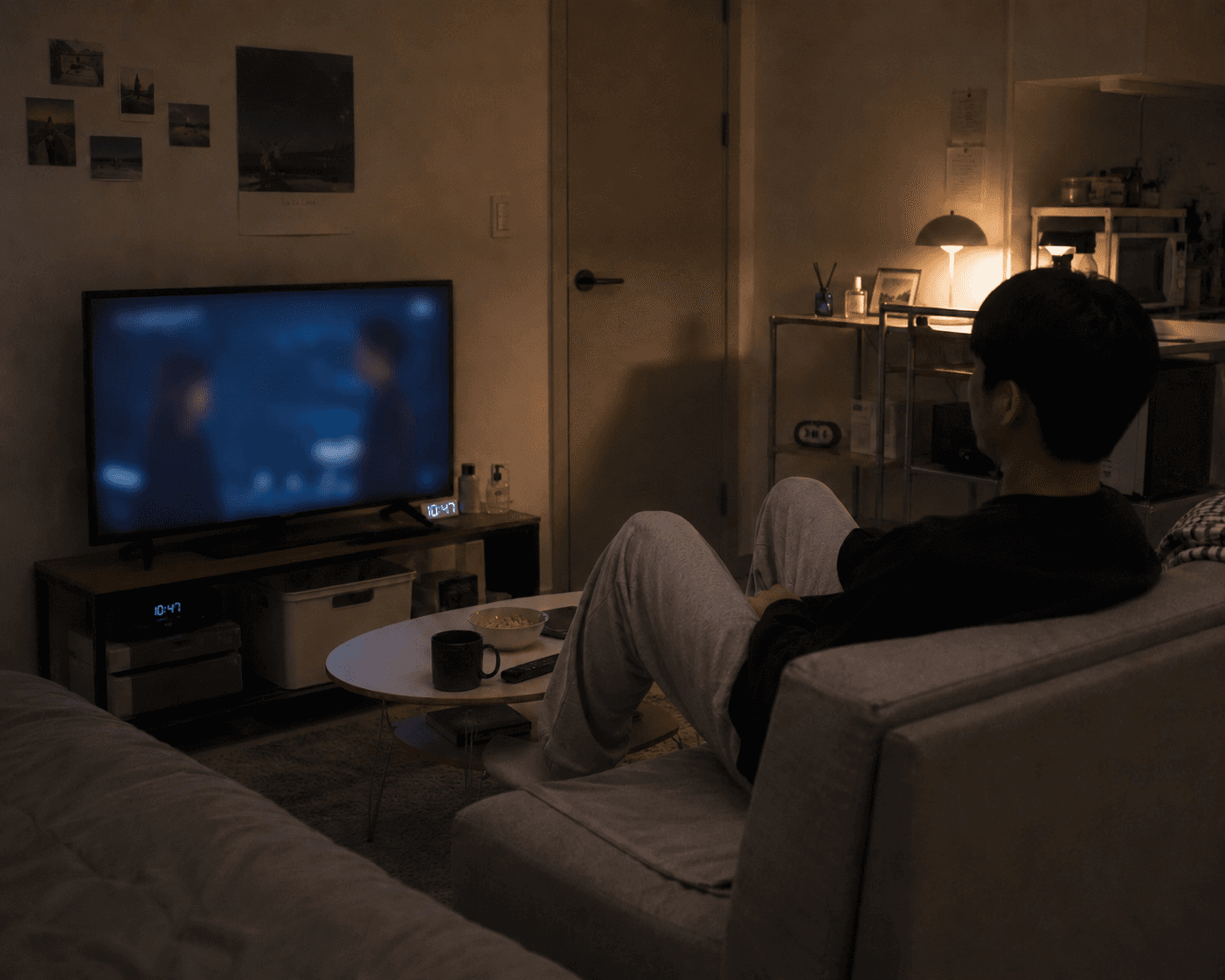 어두운 밤, 원룸 거실 소파에 편하게 기대어 대형 TV로 콘텐츠를 시청하고 있는 남성의 뒷모습입니. 편안한 홈 시네마 및 스카이라이프 인터넷 티비 결합 활용 환경을 보여줍니다.