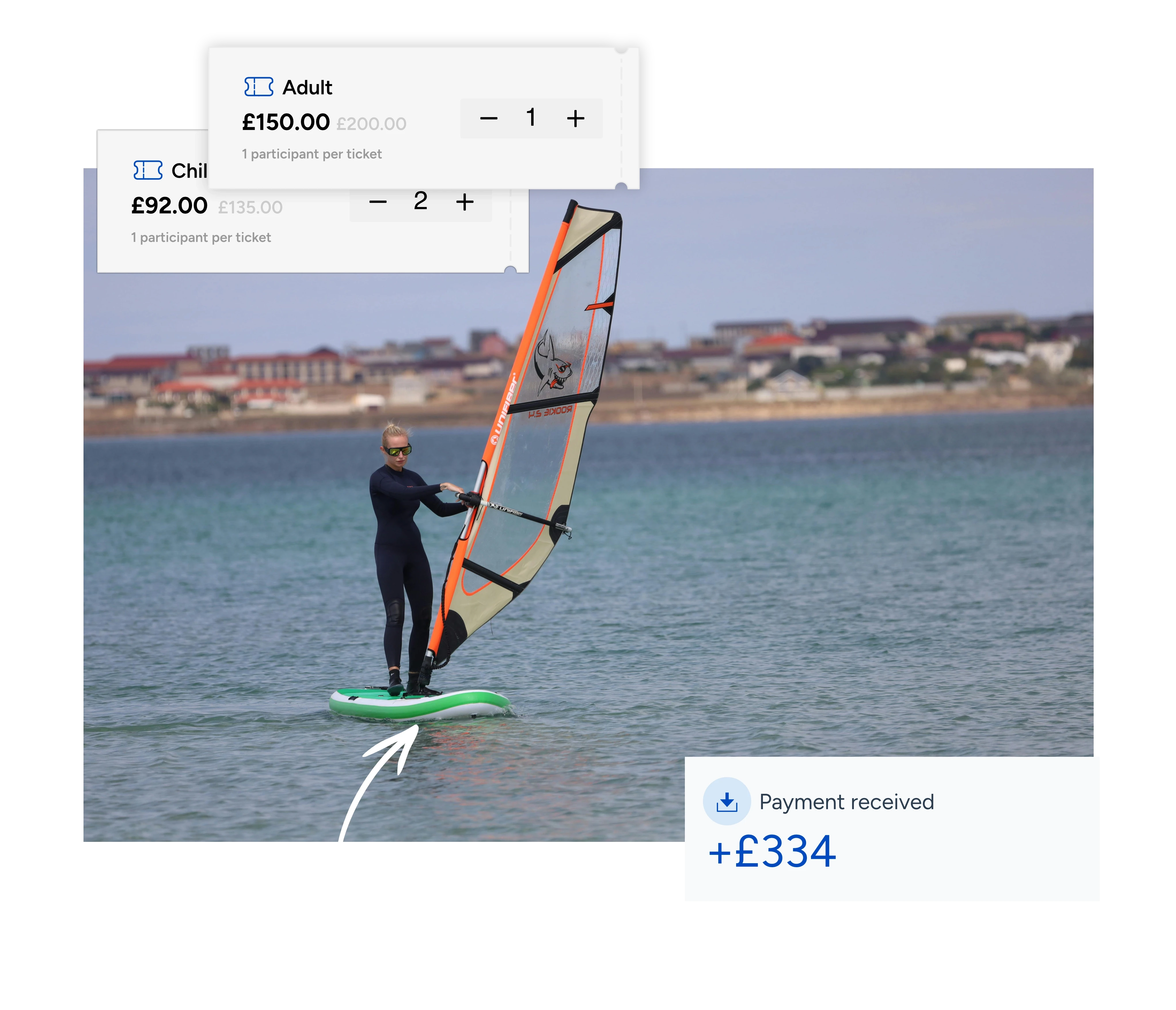 A person windsurfing on calm water near a shoreline.