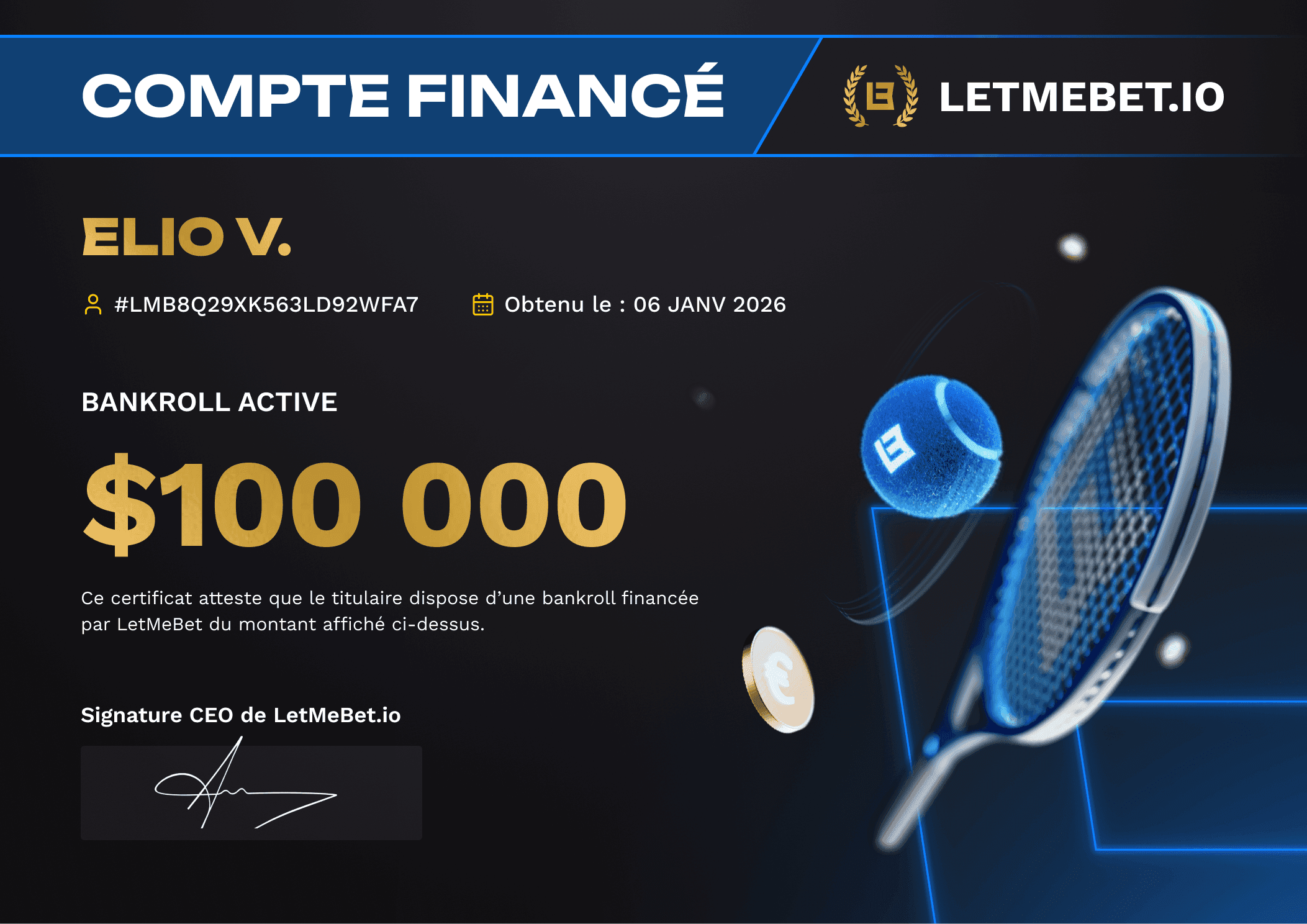 Compte financé LetMeBet Elio