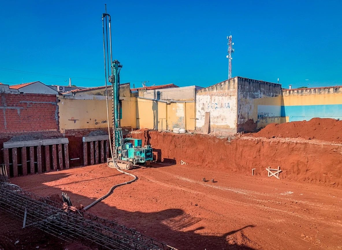 Máquina perfuratriz no centro de uma grande vala de terra vermelha, com estacas verticais instaladas na parede lateral da escavação. Estruturas antigas e uma torre de rádio estão visíveis ao fundo, sob céu azul.