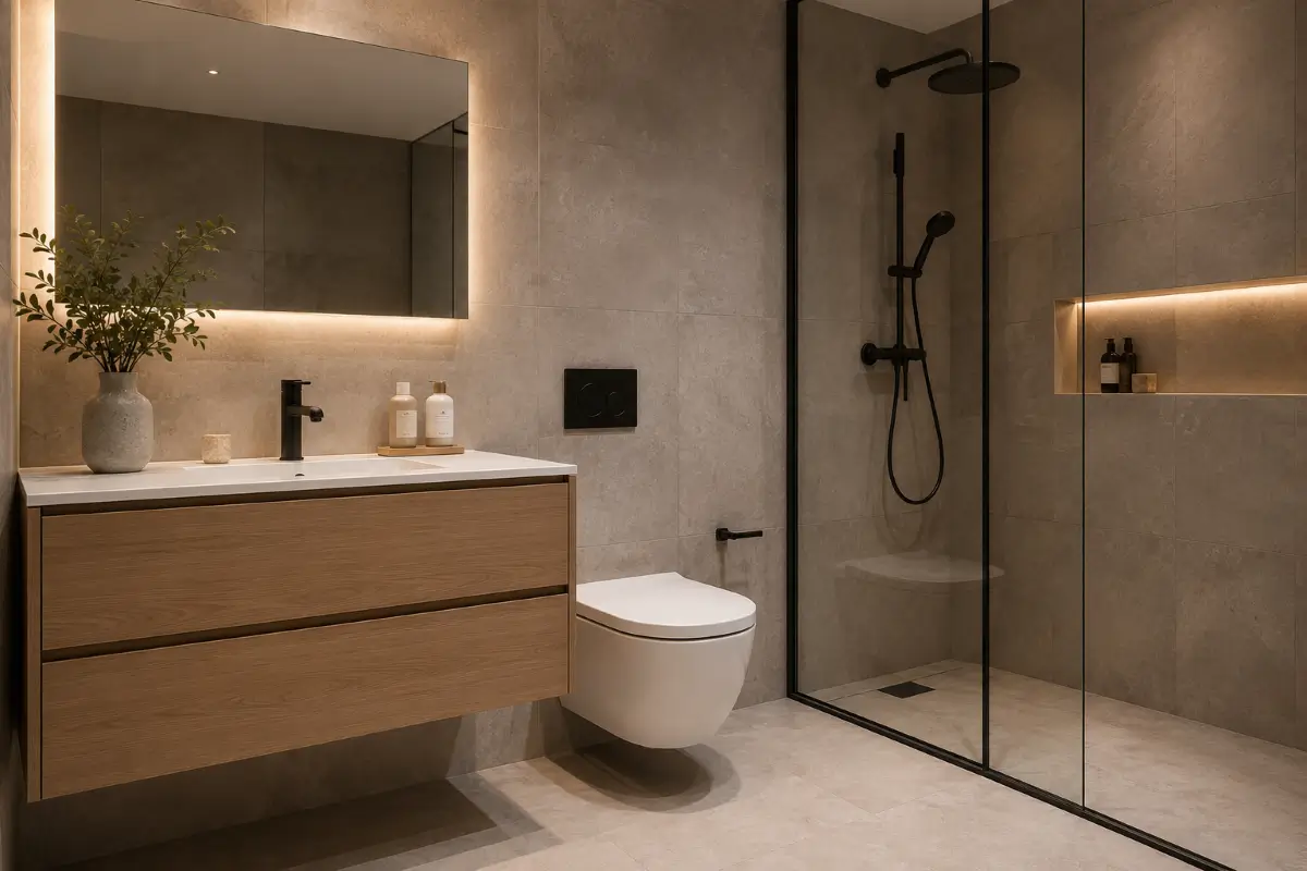 Σύγχρονη ανακαίνιση μπάνιου με walk-in shower, κρυφό φωτισμό LED και κρεμαστό έπιπλο στα Μεσόγεια