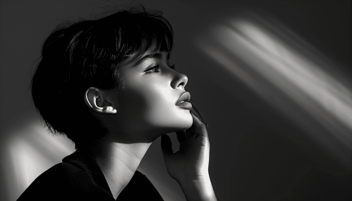 A monochromatic image of a young woman, relaxed and at peace, captured in a room with light rays