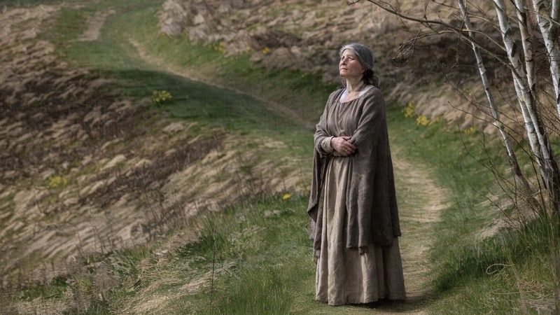 Sacred artwork by Faith and Verse. © Faith and Verse, 2025. All rights reserved. Traditional Catholic art—medieval woman standing in prayer on a winding rural path, symbolising pilgrimage, trust, and the journey of life.