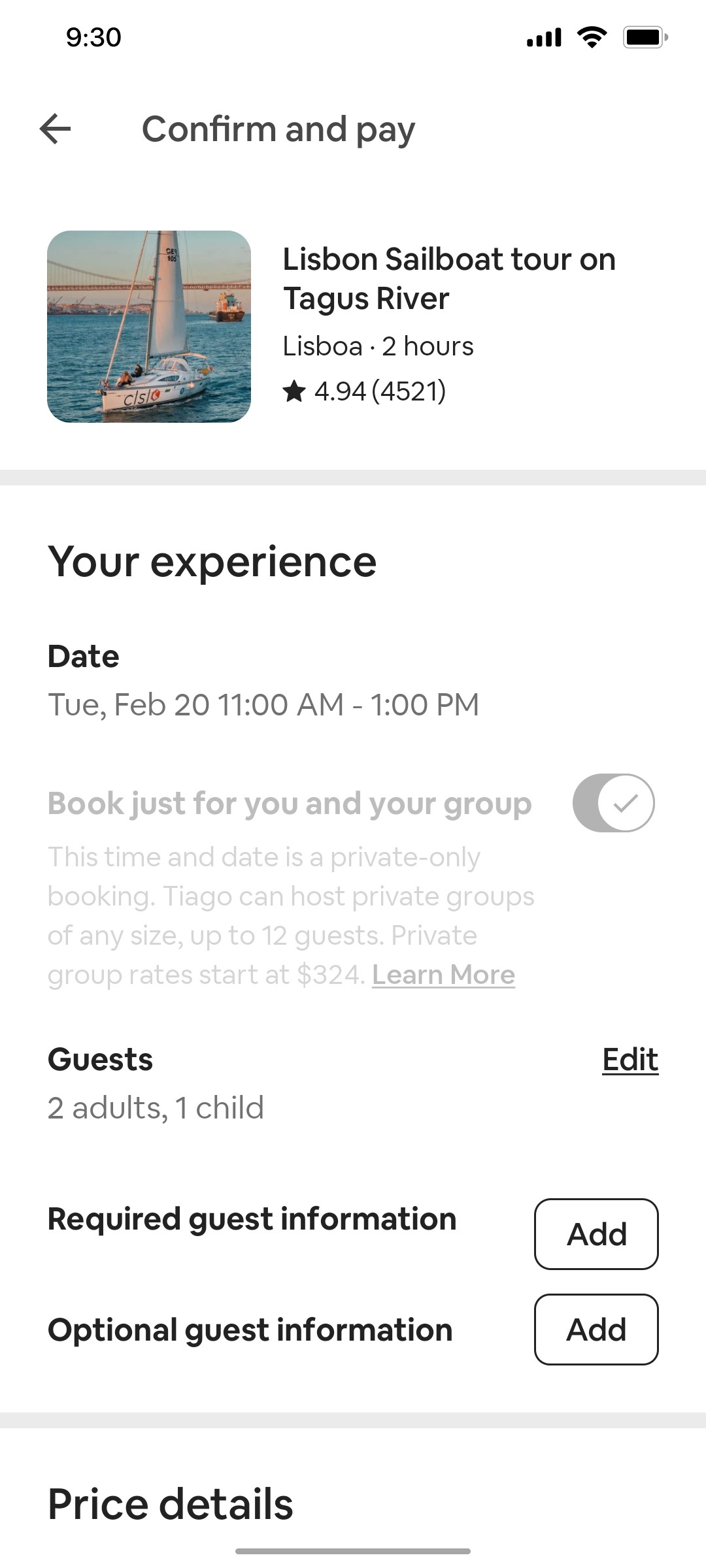 Airbnb Experience confirm pay screen