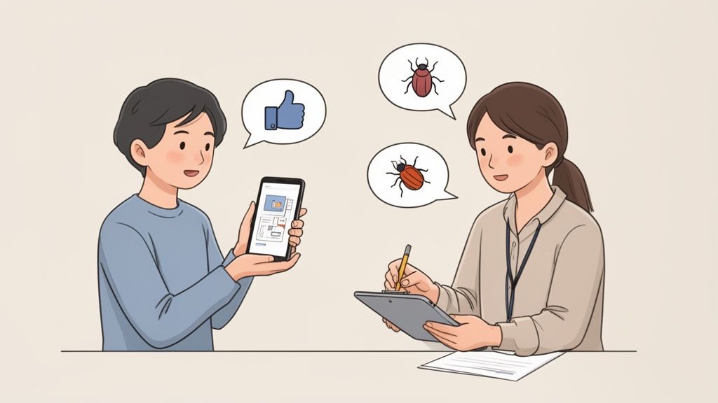 A user provides feedback on a mobile app, while a tester records issues and positive responses.