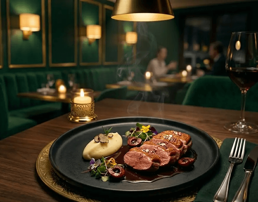 Plated fine-dining dish served on a dark table in Vesper's candlelit dining room