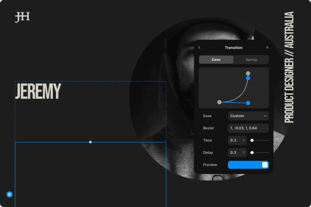 Framer design interface showing a dark-themed project layout titled ‘Jeremy’ with layered UI elements.