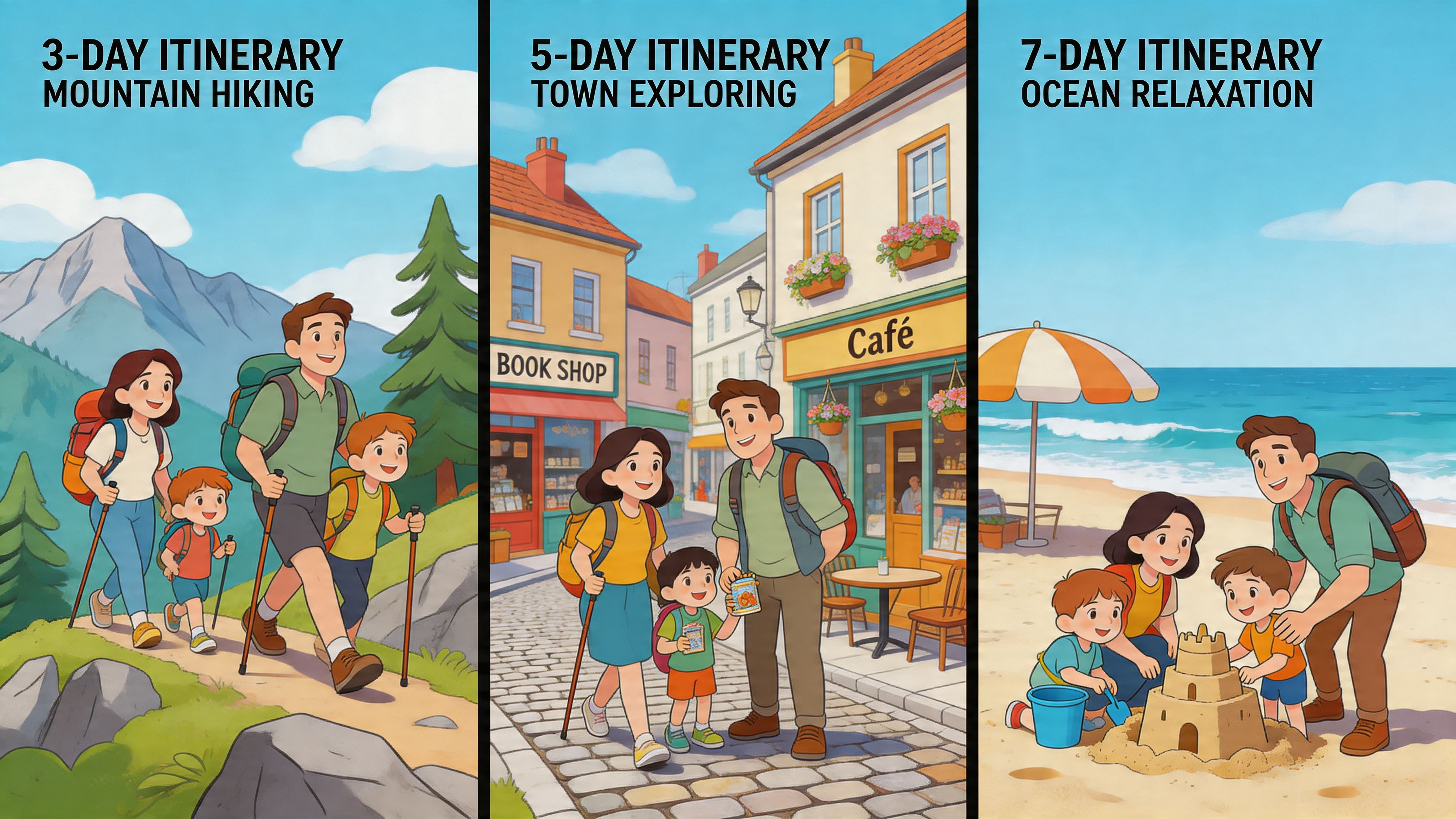 A family of four enjoys various activities including mountain hiking, town exploring, and ocean beach relaxation.