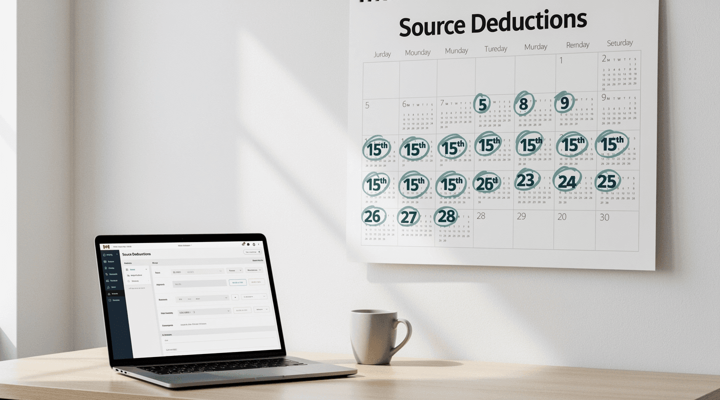 A first-time employer at a desk reviewing payroll remittance schedule with a calendar showing the 15th highlighted across several months