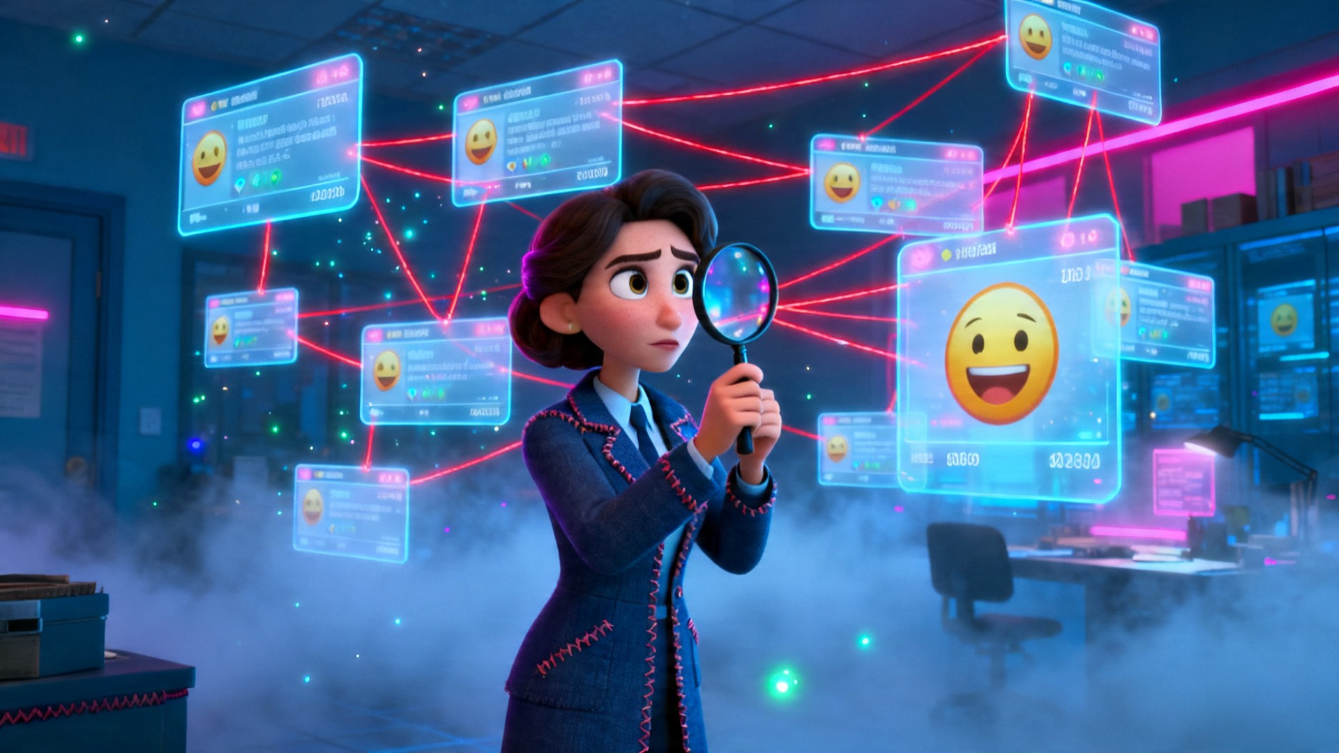 Highly detailed Pixar-style surreal investigation room constructed entirely from floating chat interfaces, holographic message bubbles suspended in space, red glowing strings connecting messages, emojis enlarged as evidence icons