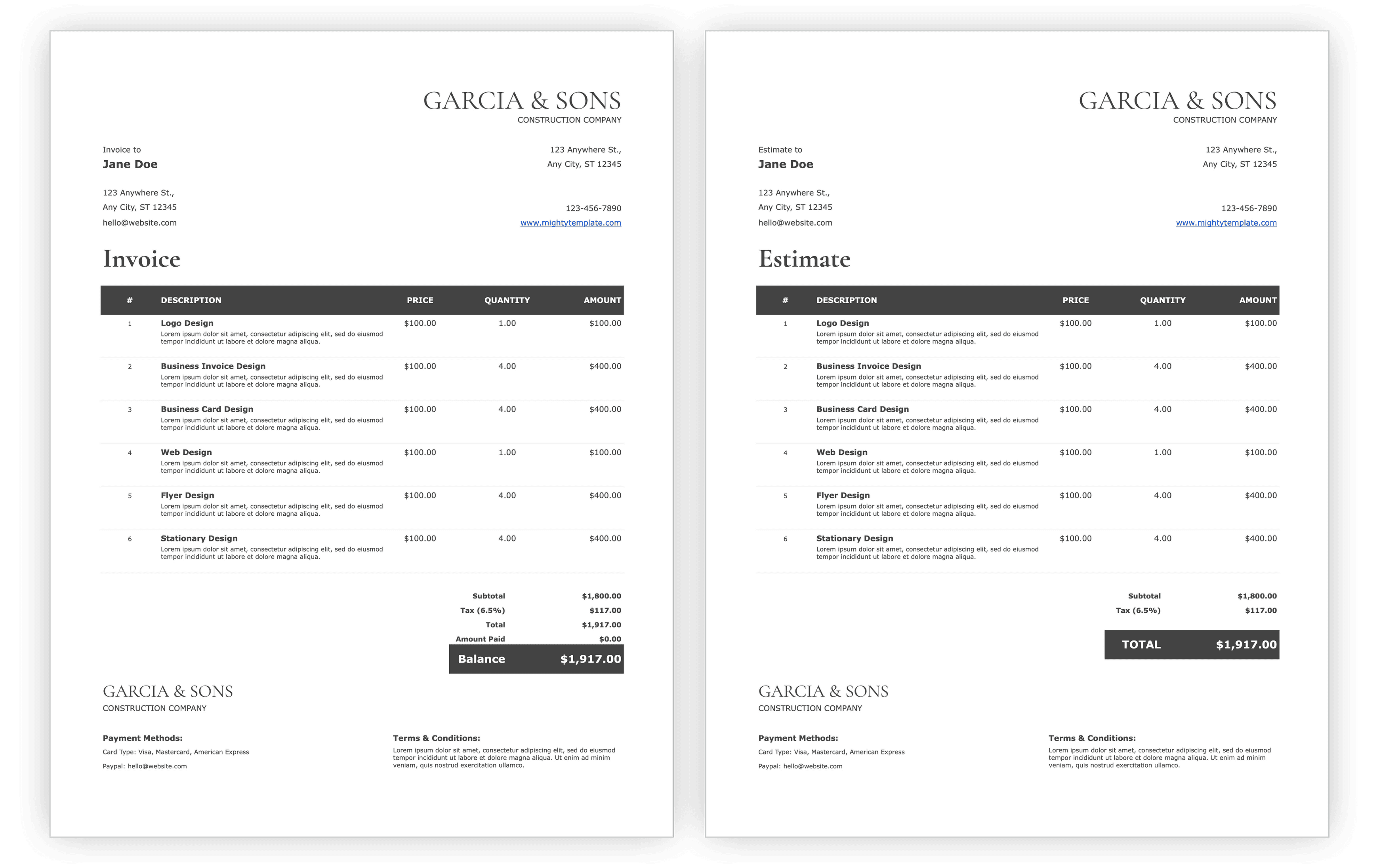 Professional business invoice and estimate templates side-by-side mockup in clean modern design with green accents – Mighty Template