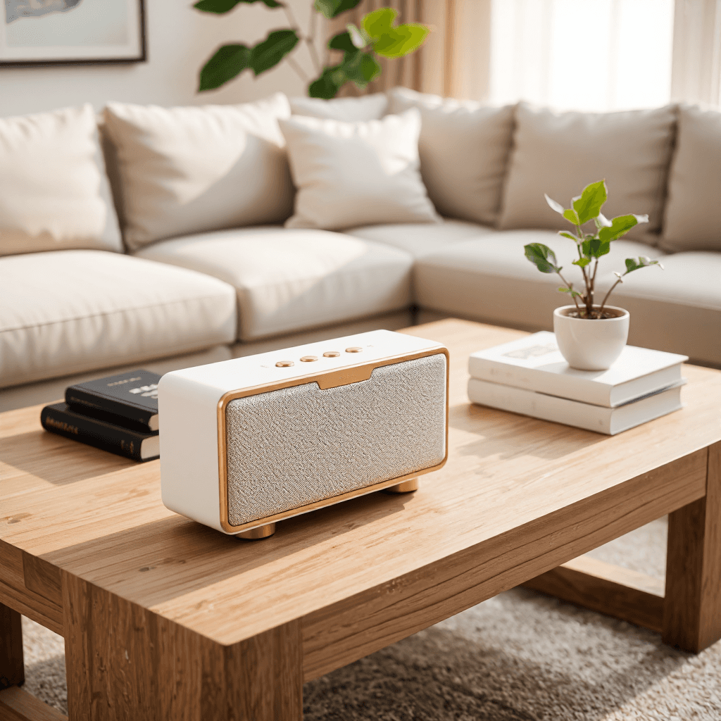 product photography of a portable Bluetooth speaker with a textured surface and metallic accents