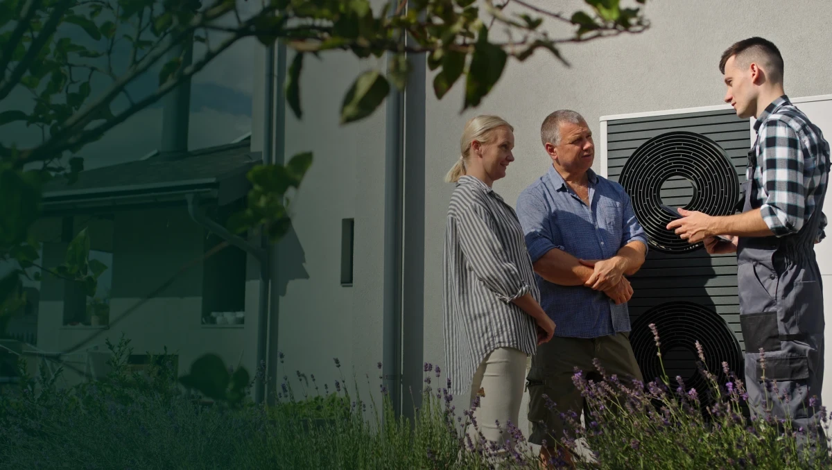 Wärmepumpe von Vaillant im Einsatz: Viathermo-Fachkraft demonstriert dem Kunden die Funktionsweise