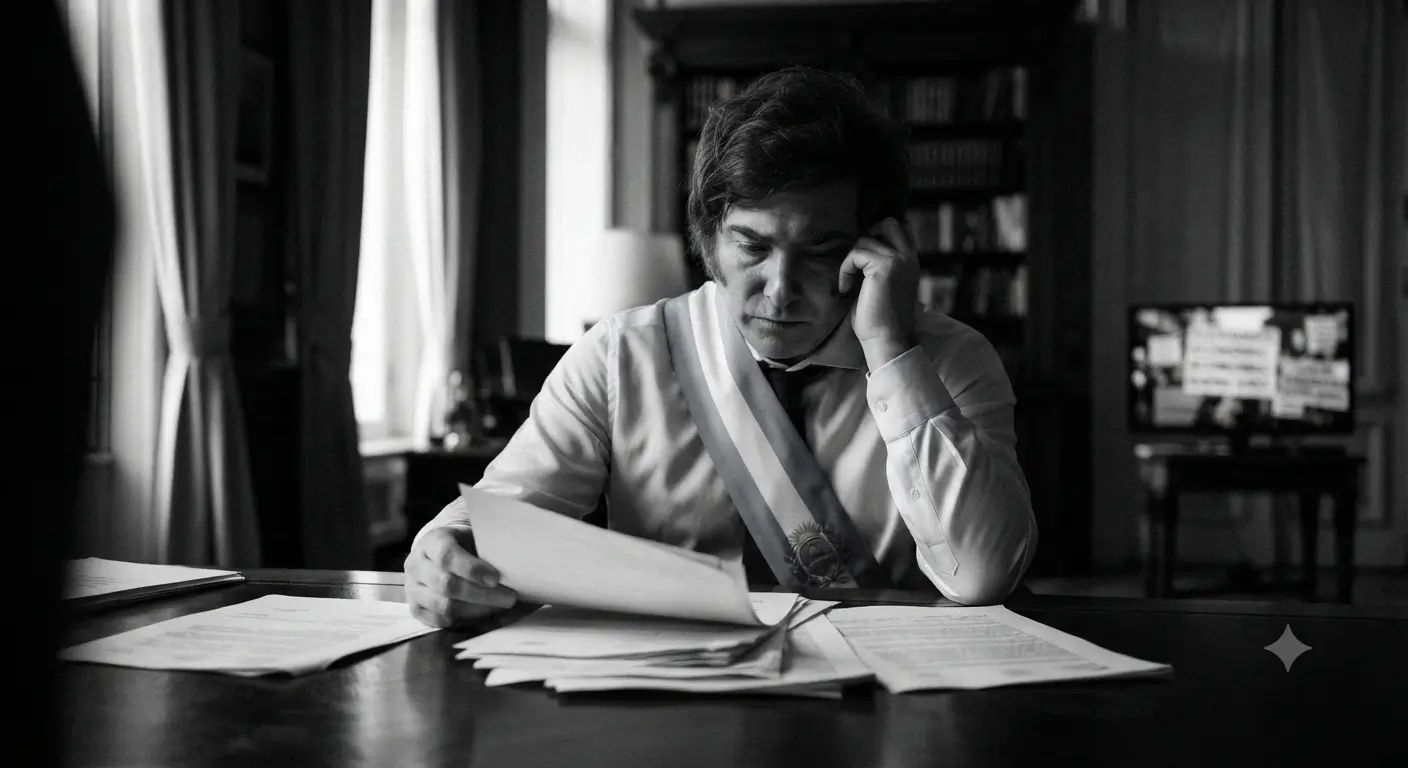 Argentine president reviewing official documents at his desk in a government office.