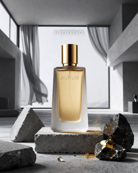 AI-generated concept render of the AURUM perfume bottle — frosted glass with a gold cap, placed on raw concrete slabs with dark rocks and gold dust scatter, set against a minimal grey interior with draped curtains.