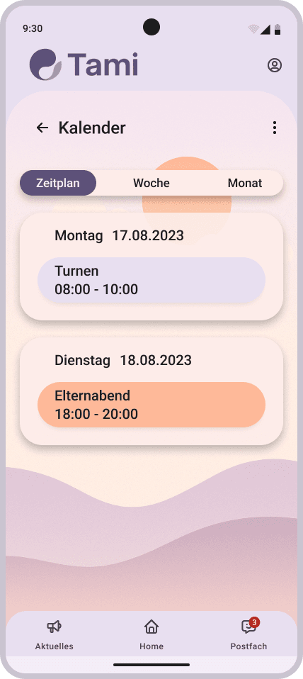 High-Fidelity-Design der Kalenderseite der Tami App.