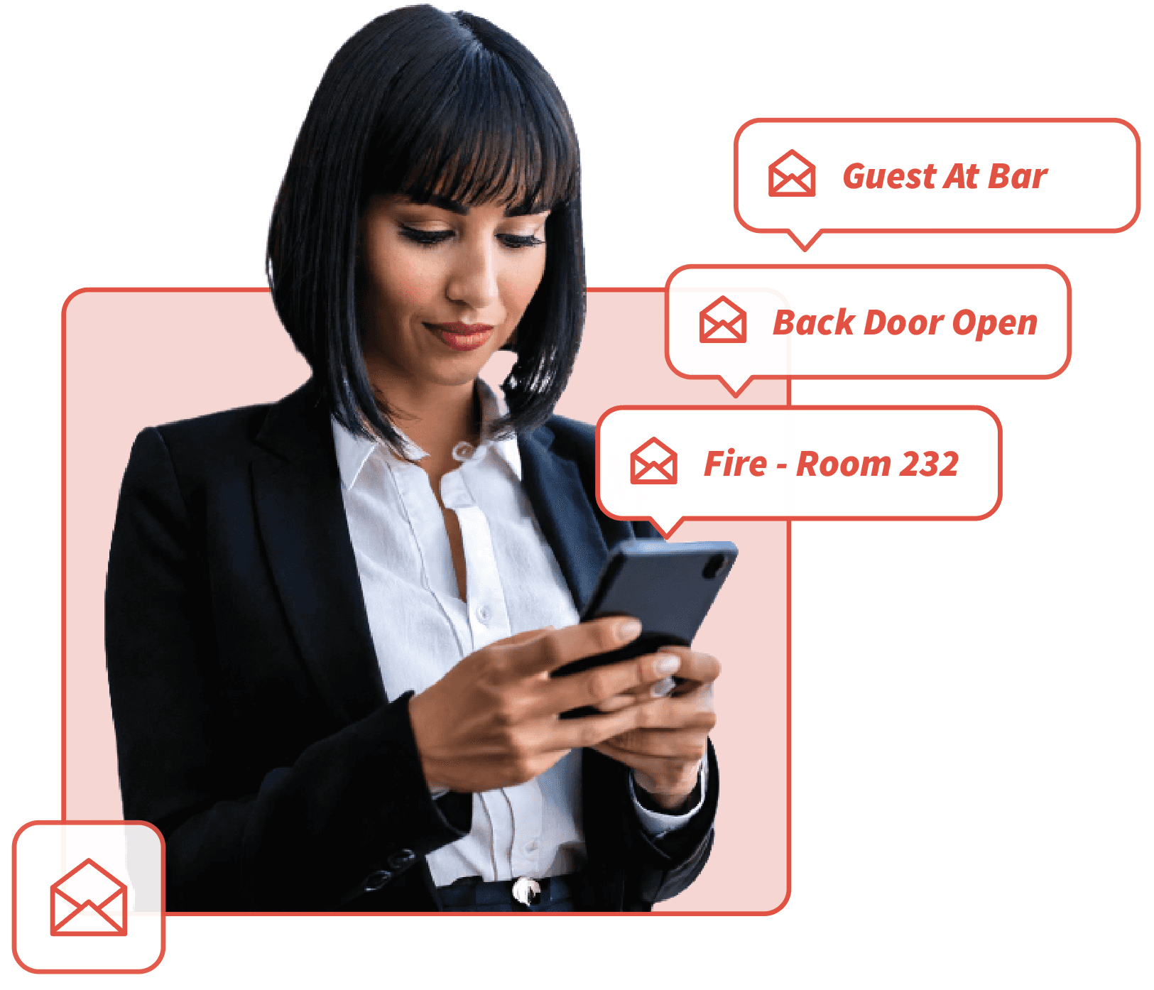 Female hotel staff in black suit looking at messages on her phone – surrounded by messaging icons.