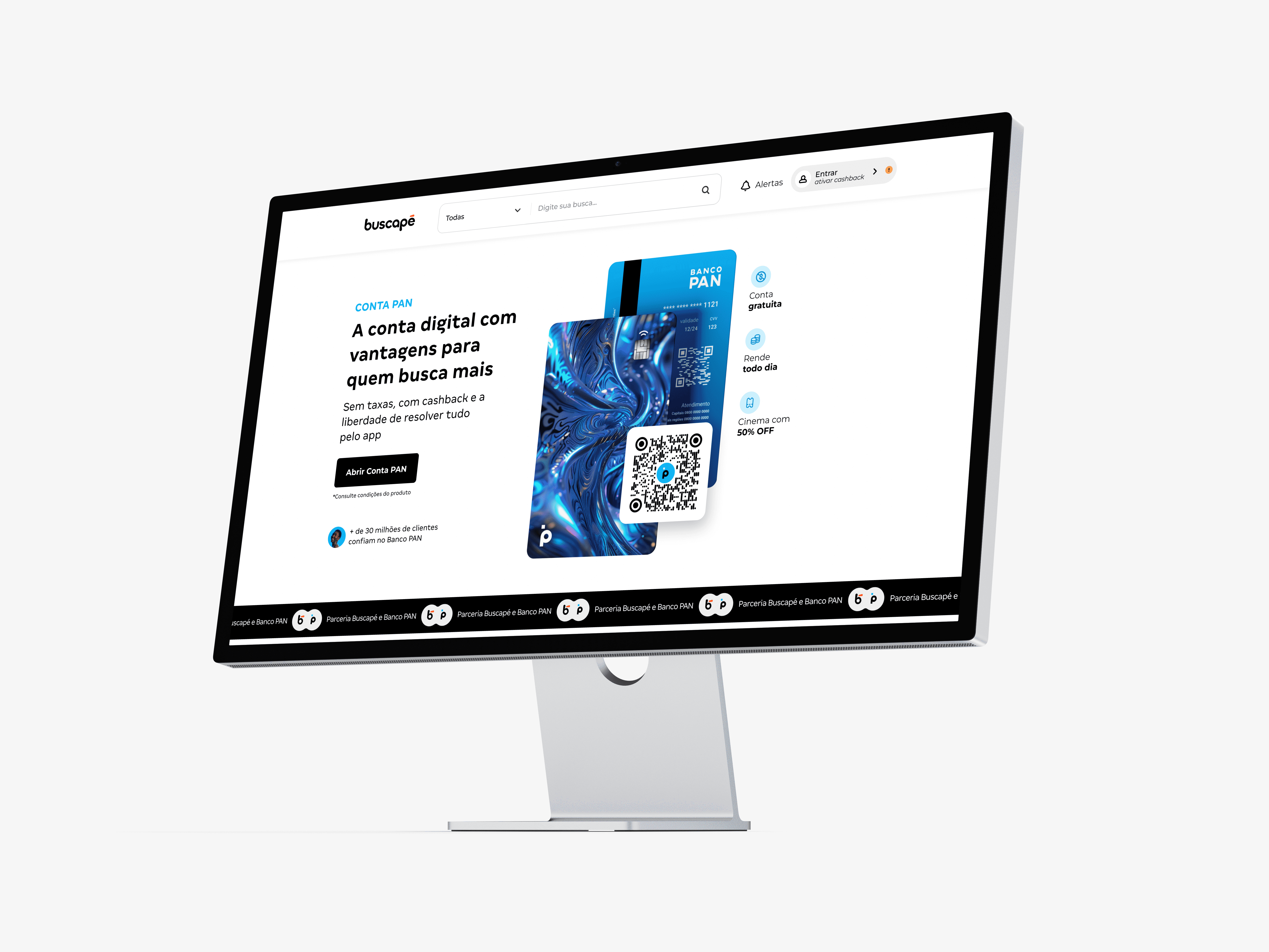 Tela desktop da landing page de abertura de conta Banco PAN, com os benefícios do produto