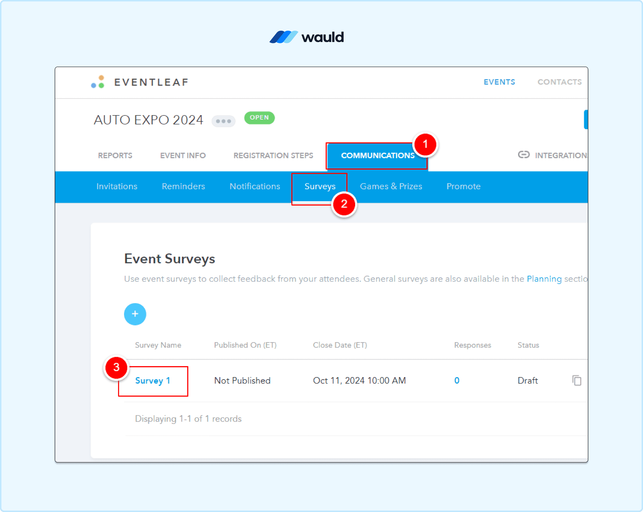 Eventleaf event dashboard showing Communications > Surveys menu where organizers can access and manage event surveys for certificate issuance.