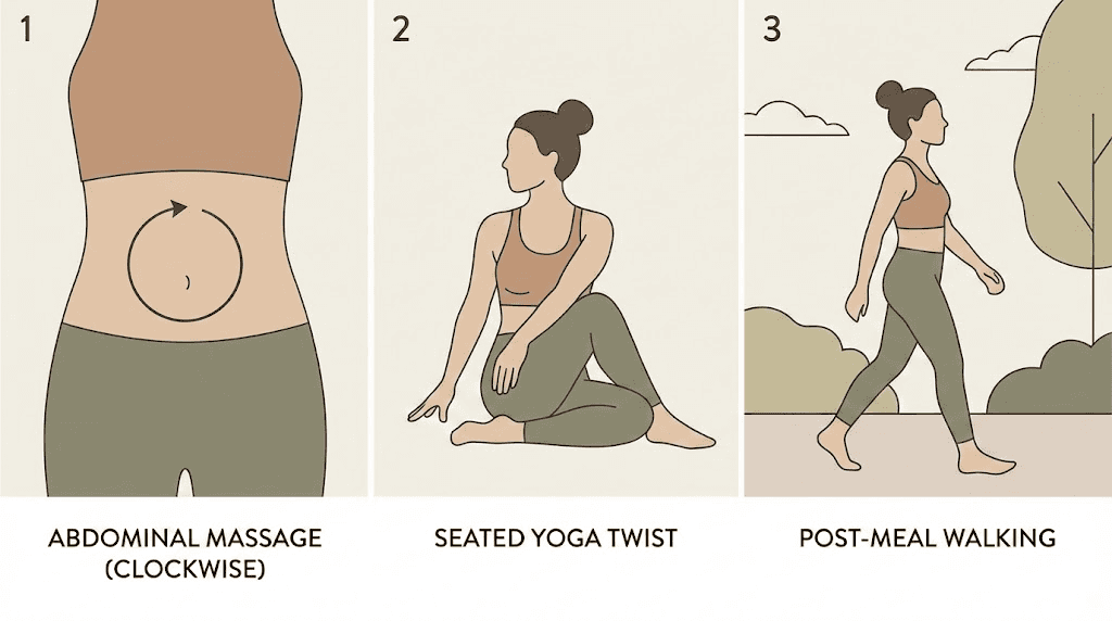 Best exercises for semaglutide constipation relief including massage, yoga, and walking