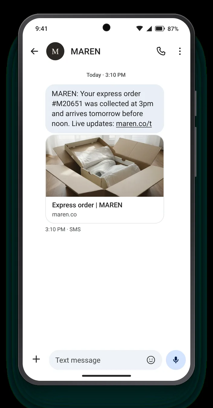 Next-day shipping, with a time shipping text on an Android phone