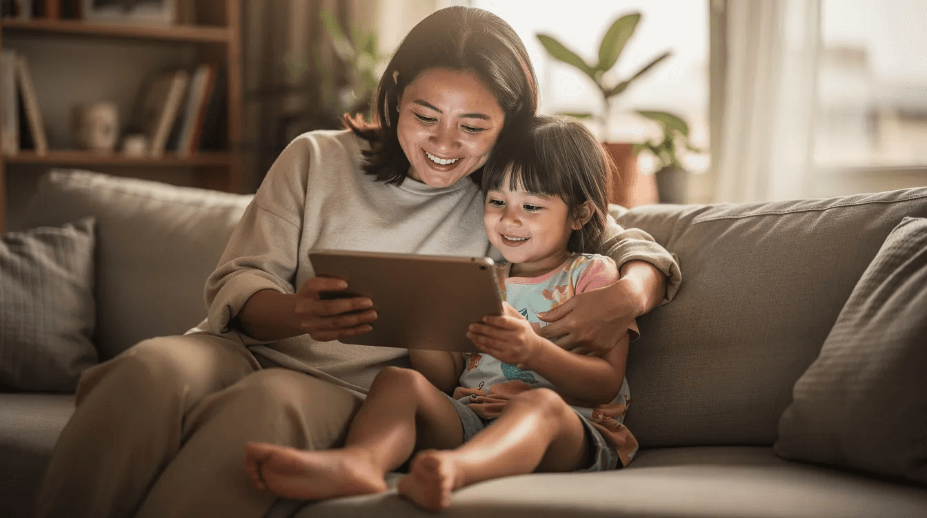 A parent and their young child are sitting side by side, both smiling as they look at a tablet device together. This joyful moment highlights the importance of parent communication in gymnastics clubs, where families can engage with class management software for easy online registration and scheduling.