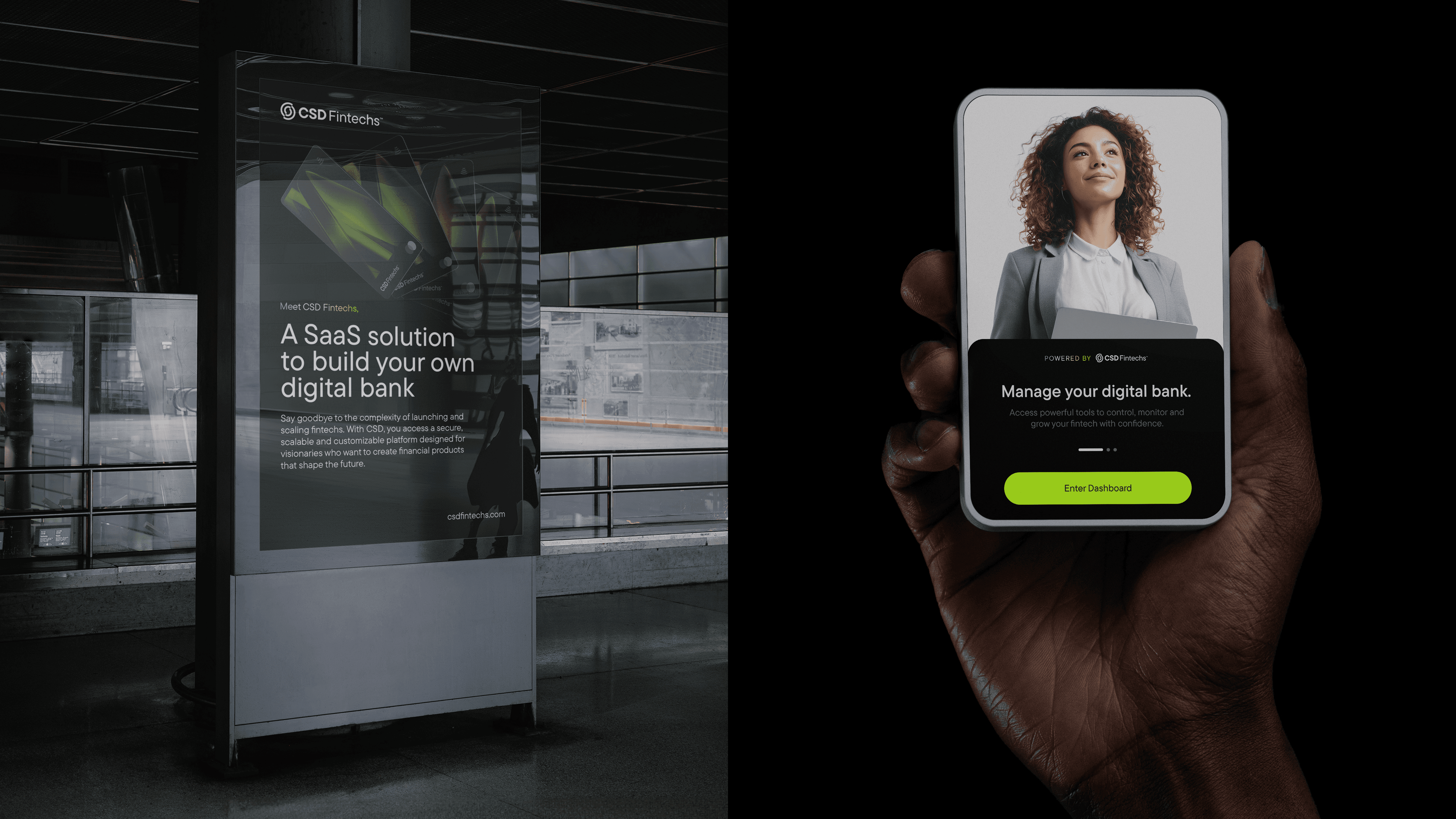 Painel publicitário da CSD Fintechs em estação urbana com mensagem sobre inovação no setor financeiro.
