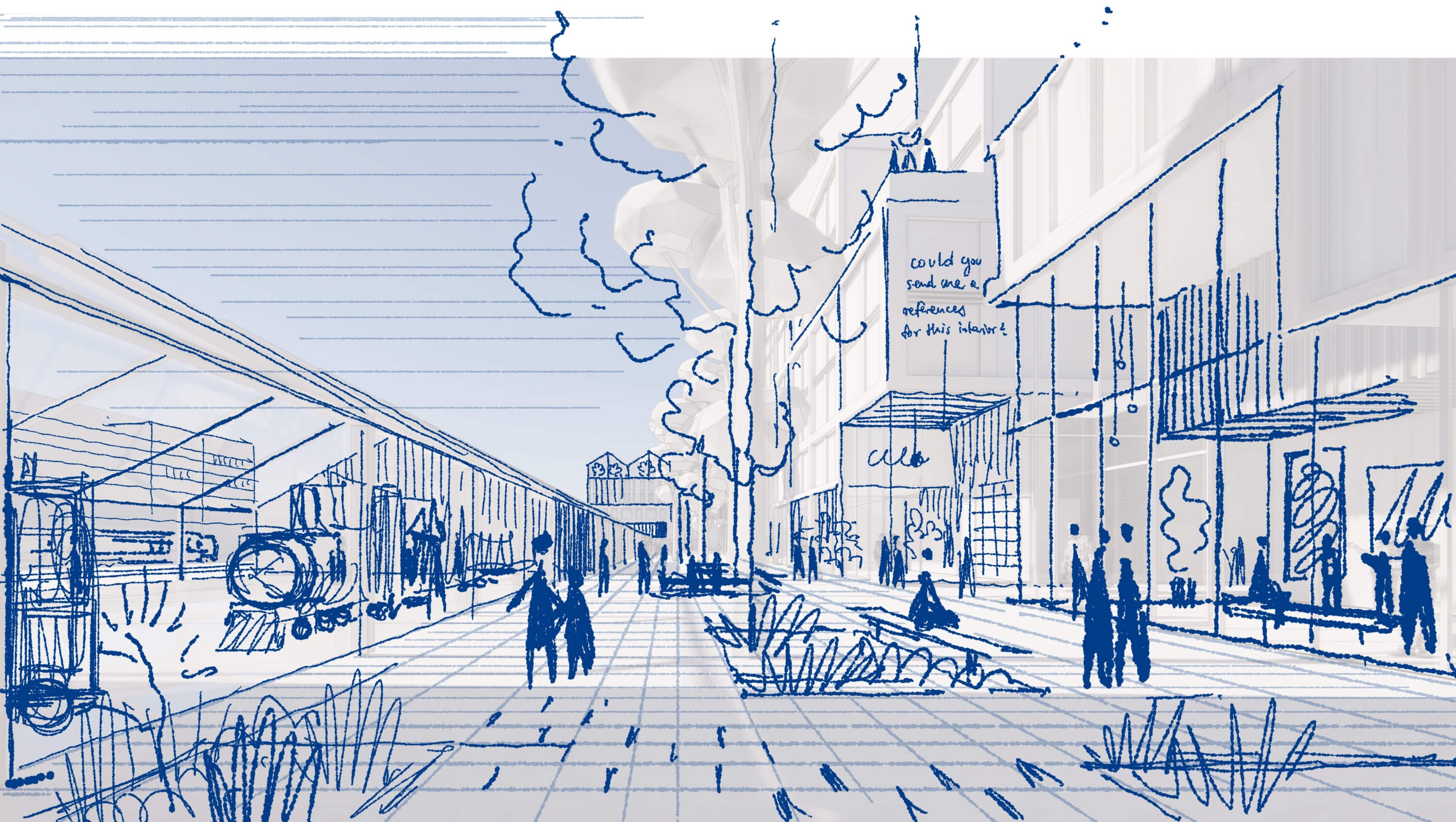 A modern, airy indoor space with large windows, people, and abstract art displayed on the walls.