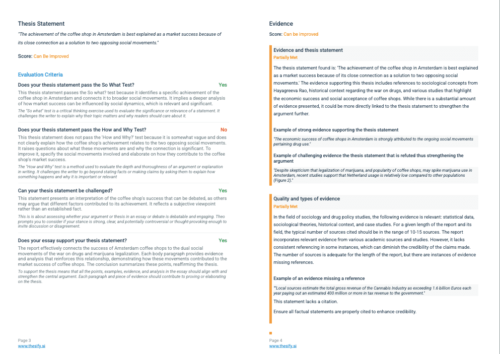 Interior page of a thesify feedback PDF showing rubric categories and explanatory comments on thesis and evidence