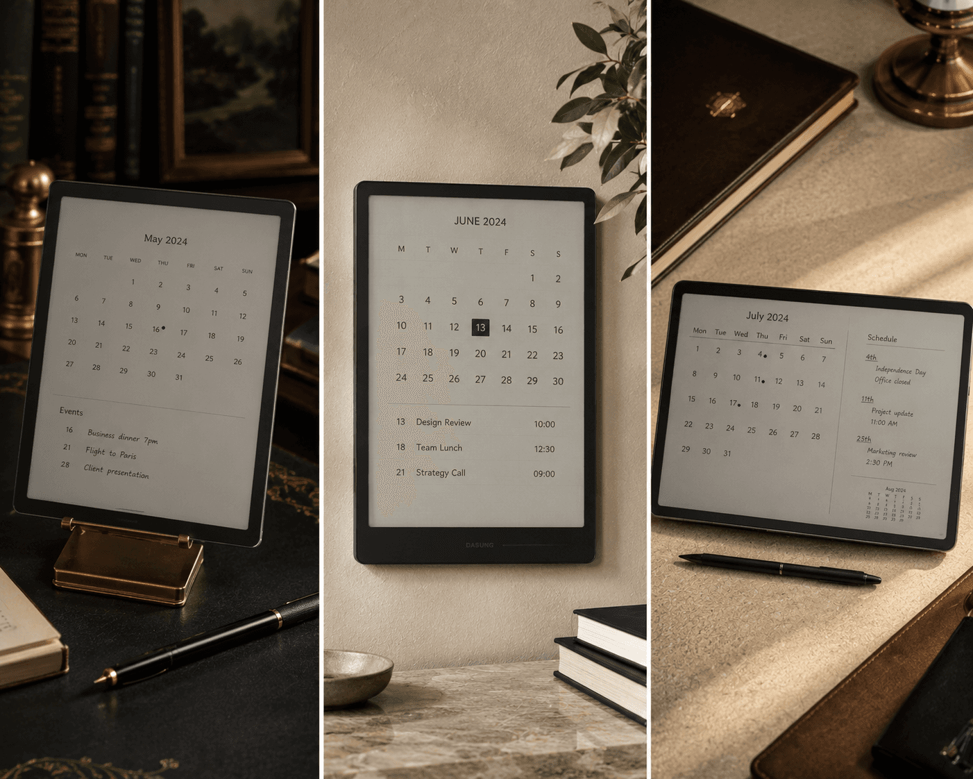 A three-panel collage showcasing a Dasung E-Ink digital calendar display in various office settings. The left panel shows the device standing vertically on a brass desk holder, displaying a May calendar with scheduled event notes next to a fountain pen on a dark leather desk. The middle panel shows the E-Ink display mounted on a beige textured wall showing a June calendar layout. The right panel displays the device in landscape orientation on a light marble desk, featuring a July calendar with an adjacent schedule list alongside a black stylus pen and a leather notebook.