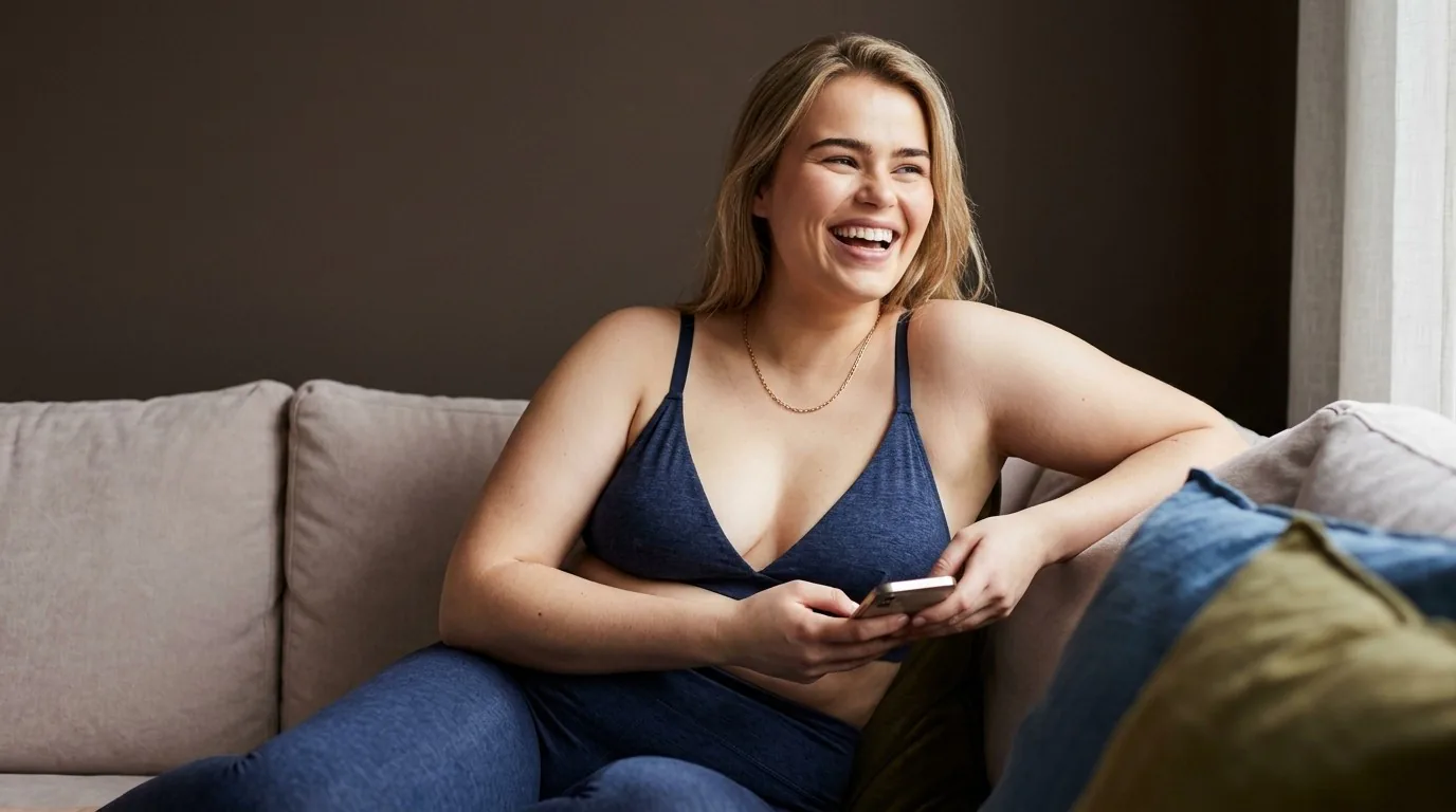 A laughing woman on a sofa holding a phone