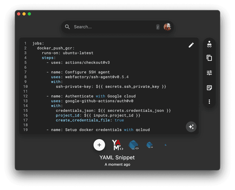 A YAML Snippet, correctly classified in Pieces.