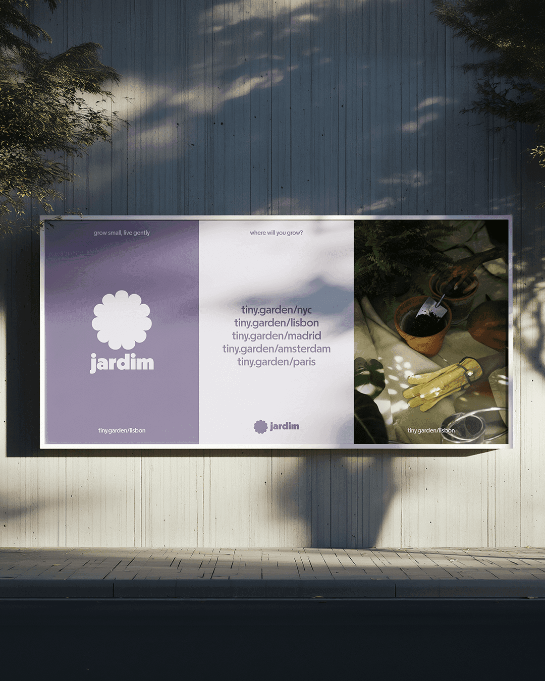 tinygarden city chapter branding showing the localized jardim identity for Lisbon alongside the global brand system on a muted lavender background