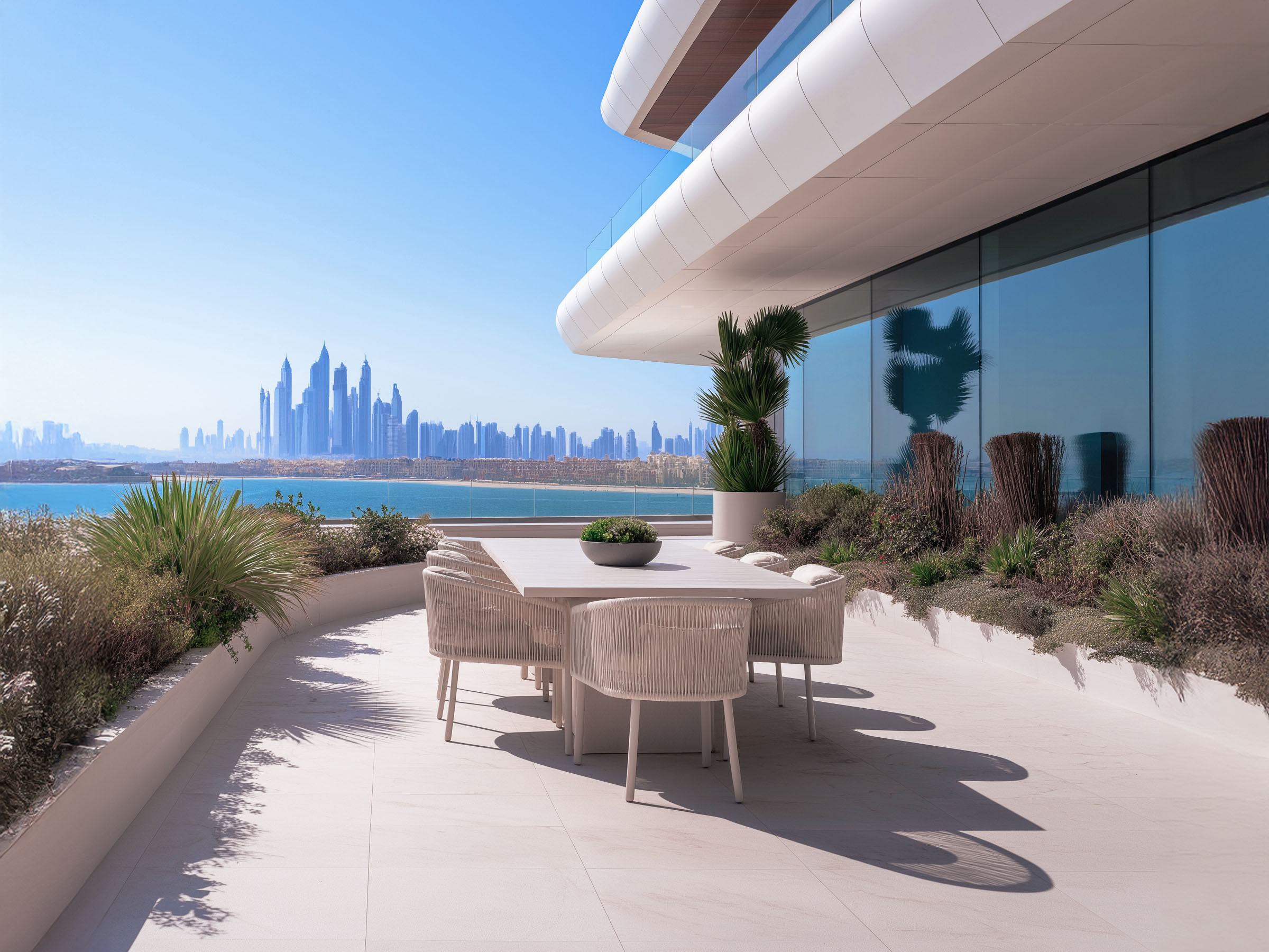 Outdoor terrace with dining table overlooking the sea and Dubai skyline.
