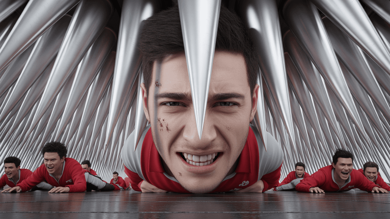 MrBeast-style trap challenge thumbnail with contestant trapped beneath giant descending metal spikes