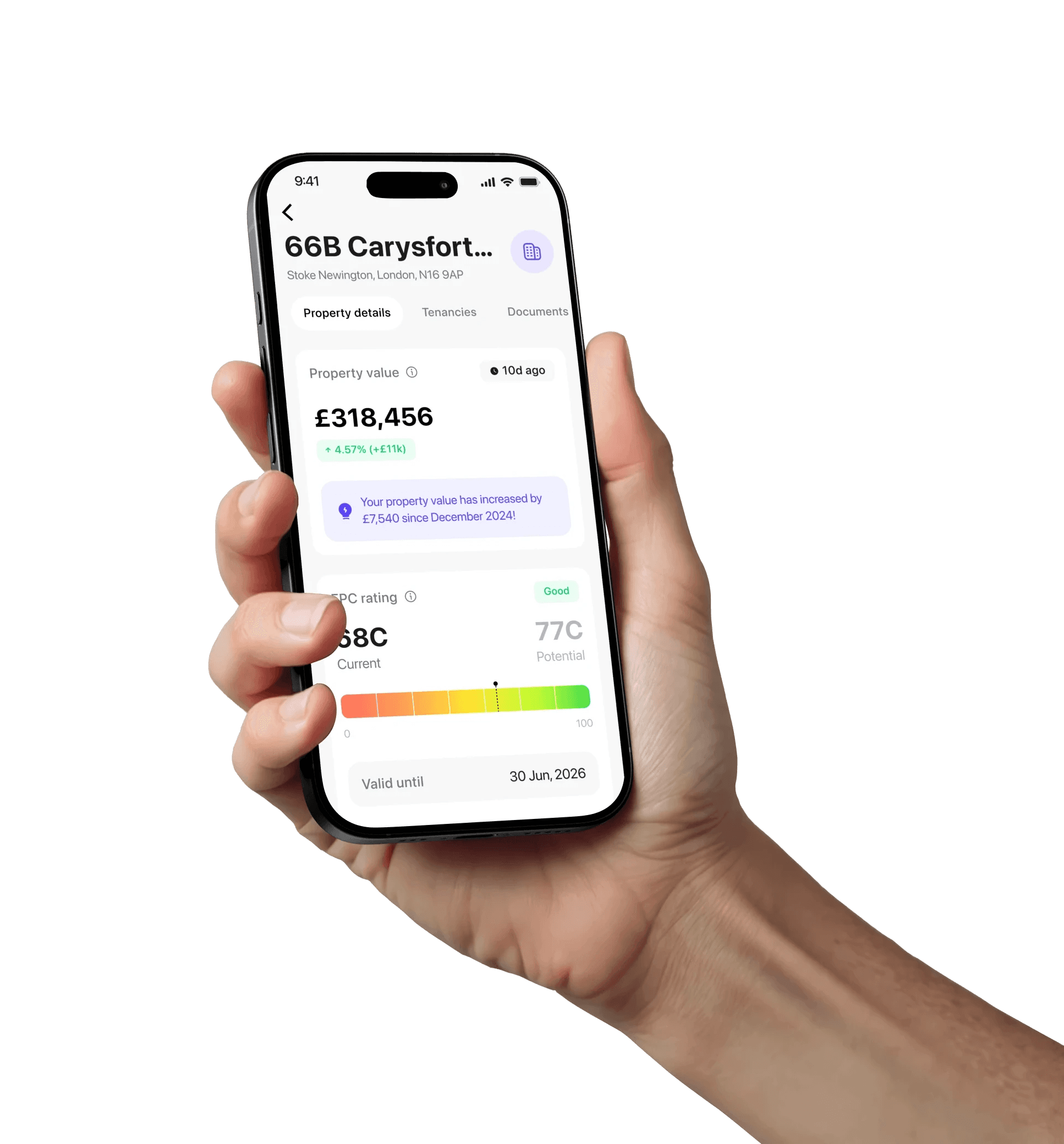 A hand holding a smartphone displaying a property details app, showing property value, EPC rating, and validity date with clear graphics on the screen. August App number 1 property management app
