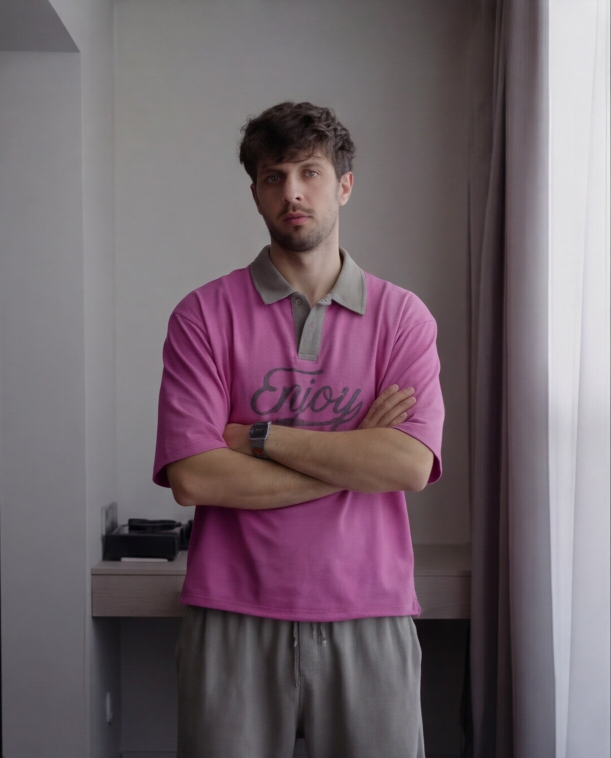 Pink Graphic Tee with Grey Shorts