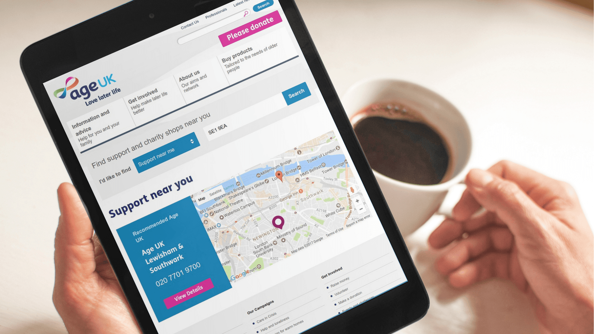 The AgeUK website on a tablet