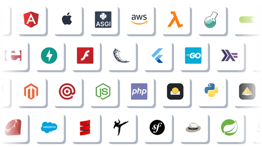Logos of supported frameworks, e.g. JavaScript, Android, Angular, Go, iOS, Java, .Net, Next.js, Node.js, PHP, Python, React, Ruby, etc.