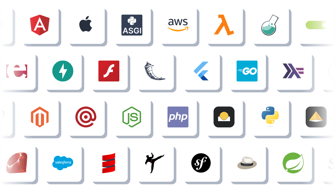Logos of supported frameworks, e.g. JavaScript, Android, Angular, Go, iOS, Java, .Net, Next.js, Node.js, PHP, Python, React, Ruby, etc.